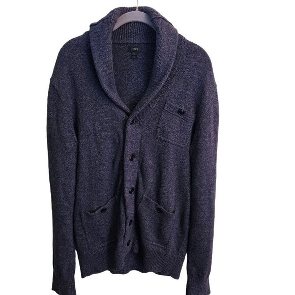 J. Crew Marled Navy Cotton Cardigan Sweater Grandpa Unisex Pockets Size M - Picture 2 of 4